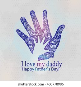 father's hand and the hand of a child. Graphic illustration of father's day. Vector illustration.