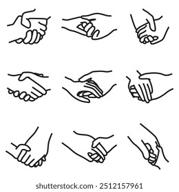 father's hand holding his son's hand, line art, icon set