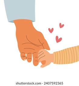 The father's hand holds the baby's hand. Child's hand in dad's hand. Illustration, vector