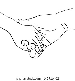 father's hand lead his child , trust family concept monochrome vector illustration