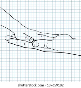 father's hand lead his child , trust family concept. baby hand and adult hand touching each other  isolated on squared notebook paper background. vector illustration. 