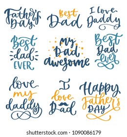 Fathers handwritten lettering inscription positive quote, calligraphy vector illustration. Text sign design for poster, greeting card, print, cool badge for dad day