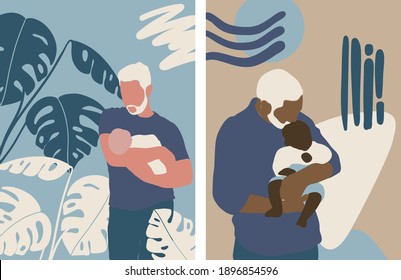 Fathers and kids abstract vector set. Father and baby. Fathers day cards