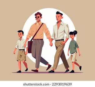 fathers and little children walking together men gays taking son and daughter to school or kindergarten transgender love