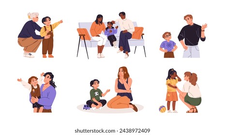 Fathers, mothers supporting, talking to children set. Good relationship between parents and child. Family communication concept. Moms, dads support kids. Flat isolated vector illustrations on white