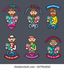 Fathers with newborns baby-holiday set icons for father's day or for birthday. Vector Isolated flat colorful illustration.
