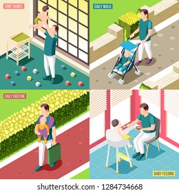 Fathers on maternity leave 2x2 design concept set of daily routine baby feeding joint games and walks square icons isometric vector illustration