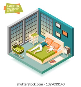 Fathers on maternity leave isometric composition illustrated rest with child after day fatigue vector illustration