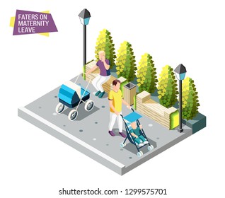 Fathers on maternity leave walking in city park with newborns sleeping in their strollers isometric design concept vector illustration