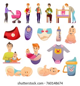 Fathers on parental leave orthogonal icons set with feeding carrying baby and newborn accessories isolated vector illustration 