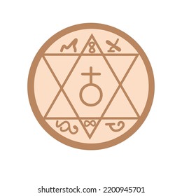Father's pentacle, a Slavic symbol decorated with an ornament in a wreath of Scandinavian weaving. Beige trendy, design with runes and sun
