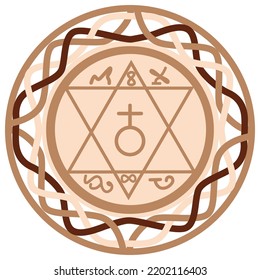 Father's pentacle, a Slavic symbol decorated with an ornament in a wreath of Scandinavian weaving. Beige trendy, design with runes and sun