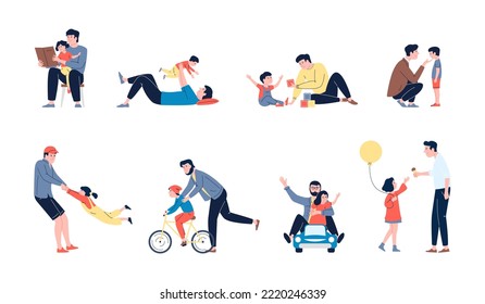 Fathers play with children. Son and dad, family happy game time. Fatherhood, single parent support and care kids. Parenthood recent vector characters