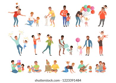 Fathers playing, having fun together and enjoying good quality time with their little children set of vector Illustrations on a white background