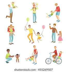 Fathers Playing With Kids Set Of Illustrations