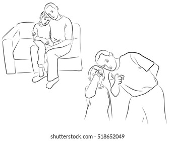 father's relationship with his son. father, parent, hugging the boy, son. psychological attitudes of adults and children. black and white, hand-drawing picture