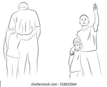 father's relationship with his son. father, parent, hugging the boy, son. psychological attitudes of adults and children. black and white, hand-drawing picture