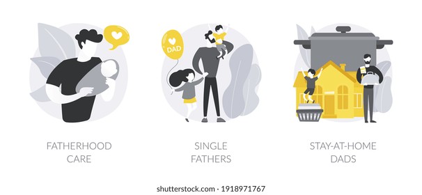 Fathers role abstract concept vector illustration set. Fatherhood care, single fathers, stay-at-home dads, happy kid, parental leave, spend time with child, man feeding baby abstract metaphor.