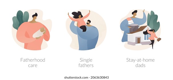 Fathers Role Abstract Concept Vector Illustration Set. Fatherhood Care, Single Fathers, Stay-at-home Dads, Happy Kid, Parental Leave, Spend Time With Child, Man Feeding Baby Abstract Metaphor.