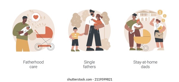 Fathers role abstract concept vector illustration set. Fatherhood care, single fathers, stay-at-home dads, happy kid, parental leave, spend time with child, man feeding baby abstract metaphor.