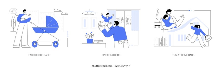 Fathers role abstract concept vector illustration set. Fatherhood care, single fathers, stay-at-home dads, happy kid, parental leave, spend time with child, man feeding baby abstract metaphor.