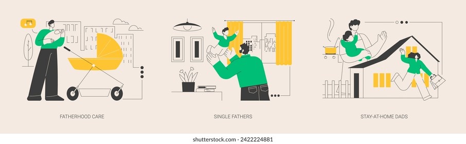 Fathers role abstract concept vector illustration set. Fatherhood care, single fathers, stay-at-home dads, happy kid, parental leave, spend time with child, man feeding baby abstract metaphor.