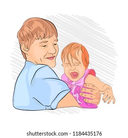 Fathers and Sons. crying child hysterics. Papaya baby. helplessness of parents. a crisis. sketching technique