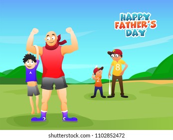 Father's and son's enjoying each other company, outdoor illustration. Happy Father's Day celebration concept.