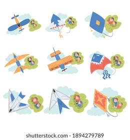 Fathers and Sons Launching Airplane Models Set, Parents and Children Spending Time Together Outdoors Cartoon Style Vector Illustration