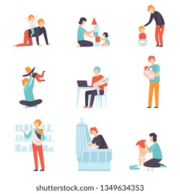 Fathers Taking Care of Their Babies Set, Young Dads Feeding, Playing, Having Fun and Working with Son or Daughter Vector Illustration