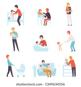 Fathers Taking Care of Their Babies Set, Young Dads Feeding, Playing, Walking with Son or Daughter Vector Illustration