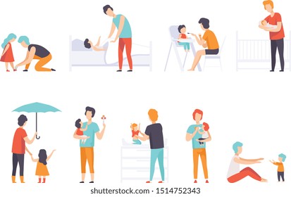 Fathers taking care of their children set, daddies feeding, dressing, walking, protecting kids vector Illustration on a white background