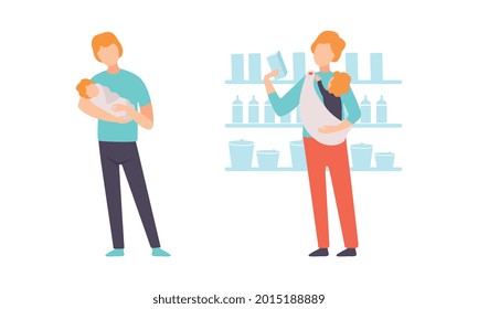 Fathers Taking Caring of their Babies Set, Young Dad Shopping with Baby, Happy Fatherhood Concept Flat Vector Illustration