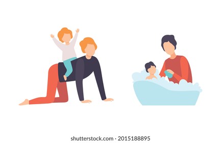 Fathers Taking Caring of their Babies Set, Young Dad Bathing and Playing with Kid, Happy Fatherhood Concept Flat Vector Illustration