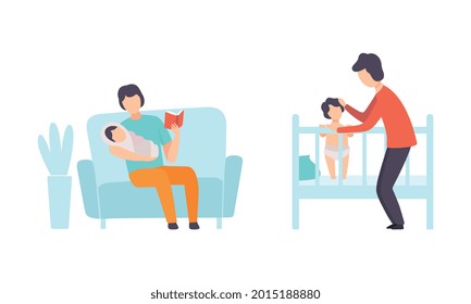 Fathers Taking Caring of their Kids Set, Young Dad Putting Baby to Bed and Reading Book, Happy Fatherhood Concept Flat Vector Illustration