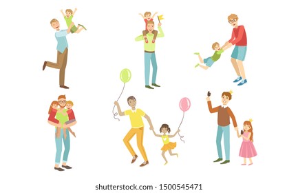 Fathers and Their Kids Having Good Time Together Set, Dads Playing, Walking, Having Fun with Their Children Vector Illustration