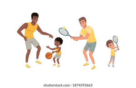 Fathers and their Sons Doing Sports Together, Cheerful Men and Boys Playing Basketball and Tennis Cartoon Vector Illustration