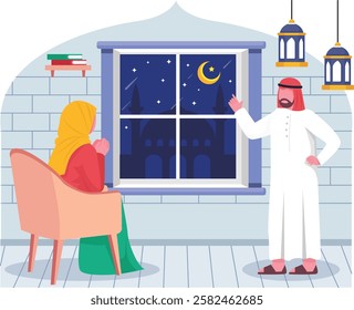 Fathers Wisdom Sharing Islamic Teachings with His Daughter concept, Saudi Man Gesturing to wife vector icon design ramadan Eid al-Fitr Banner, Muslim fasting month scene, Arabic holidays illustration