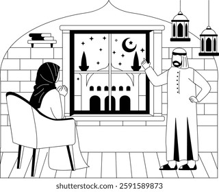 Fathers Wisdom Sharing Islamic Teachings with His Daughter concept, Saudi Man Gesturing to wife vector icon design Ramazan Eid al-Fitr sign, Muslim fasting month story, Arabic holidays illustration