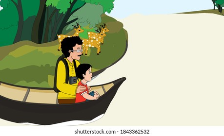 Father-son boat ride around the forest - illustration