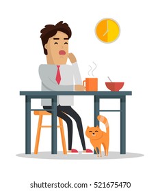 Fatigue after work day concept. Vector in flat design. Tired man in a shirt and tie yawning at the table during dinner at home. Early waking up and lack of sleep. On white background