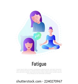 Fatigue concept, prevention of insomnia, tiredness. Meditation, healthy sleep. Girl sleeping on pillow, young girl meditate. Relaxation. Flat gradient icon. Vector illustration.