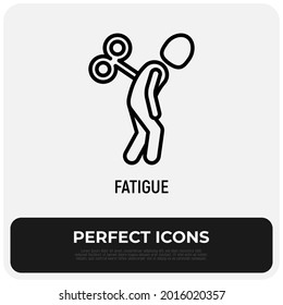 Fatigue, emotional burnout thin line icon: tired man with clockwork key in his back. Low energy, overworked. Vector illustration of depression, neurosis, chronic tiredness.