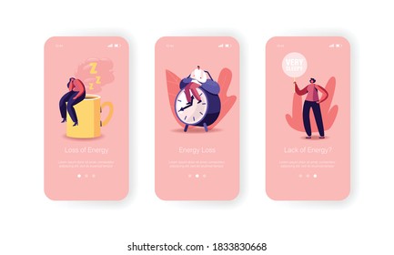 Fatigue, Energy Loss and Working Burnout Mobile App Page Onboard Screen Template. Tiny Exhausted Sleepy Characters with Relax at Huge Cup and Alarm Clock Concept. Cartoon People Vector Illustration