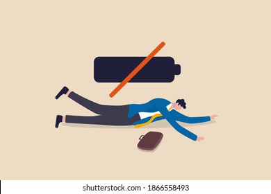 Fatigue exhausted office worker, burnout from overwork routine or run out of inspiration concept, fatigue tried businessman in suit lay down on the floor with his suitcase with no battery sign.