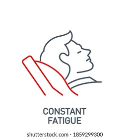 Fatigue And Fast Fatiguability Signs And Symptoms Coronavirus Single Line Icon Isolated On White. Perfect Outline Symbol Symptoms Covid 19 Pandemic Banner. Element Rest In Bed With Editable Stroke