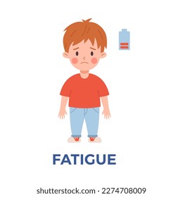 Fatigue - flu symptom, sad boy with low energy level, flat vector illustration isolated on white background. Influenza and cold symptom. Unhappy child suffering from fatigue.
