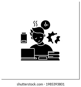 Fatigue glyph icon.Tired person. Too many tasks. Work overload. Need rest. Procrastination concept.Filled flat sign. Isolated silhouette vector illustration