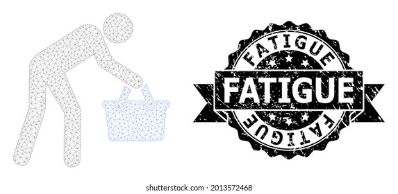 Impresión de focas de grunge de fatiga y modelo de malla personal del comprador cansado vectorial. El sello negro contiene el título de fatiga dentro de la cinta y rosette. Resumen 2d imagen persona de comprador cansado, creada a partir de malla plana.