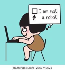 Fatigue HArd Working Young Office Worker Woman Thinking About Clicking A Checkbox Marked "I'm not a Robot" To Prove That She Is Not A Robot Concept Card Character illystration